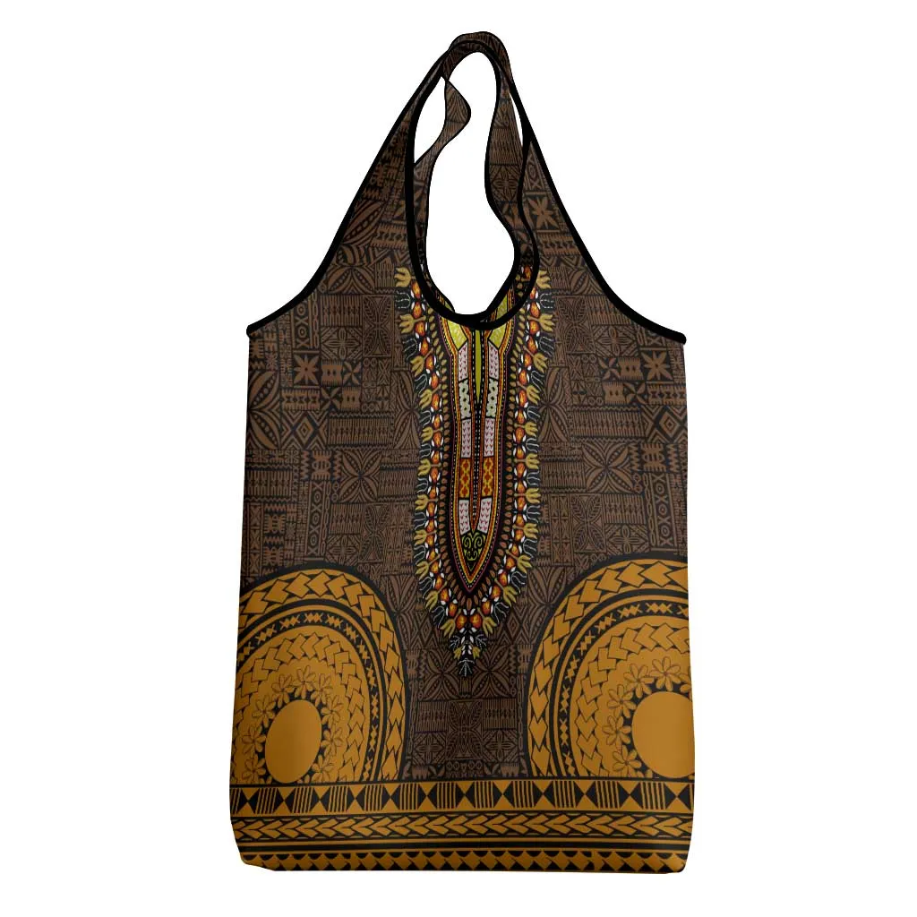 Gold Dashiki and Tapa Pattern Grocery Bag Africa-Polynesia Together Culture LT9