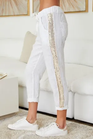 Gold Sequin Side Stripe Drawstring White Linen ants