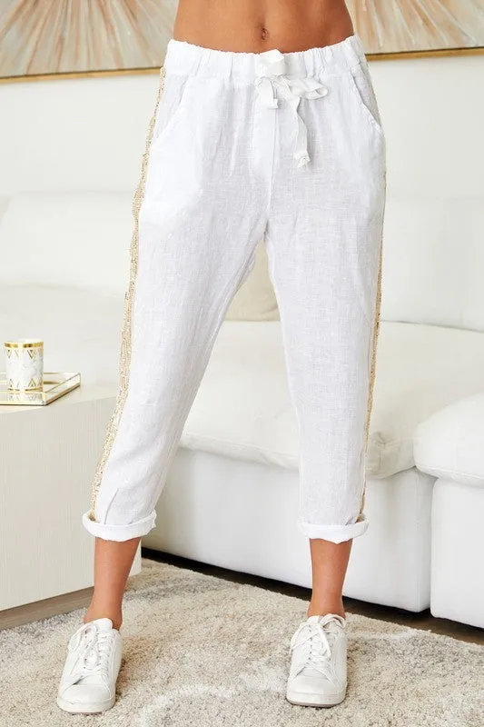 Gold Sequin Side Stripe Drawstring White Linen ants