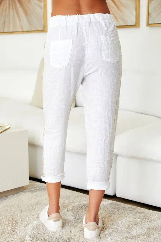 Gold Sequin Side Stripe Drawstring White Linen ants