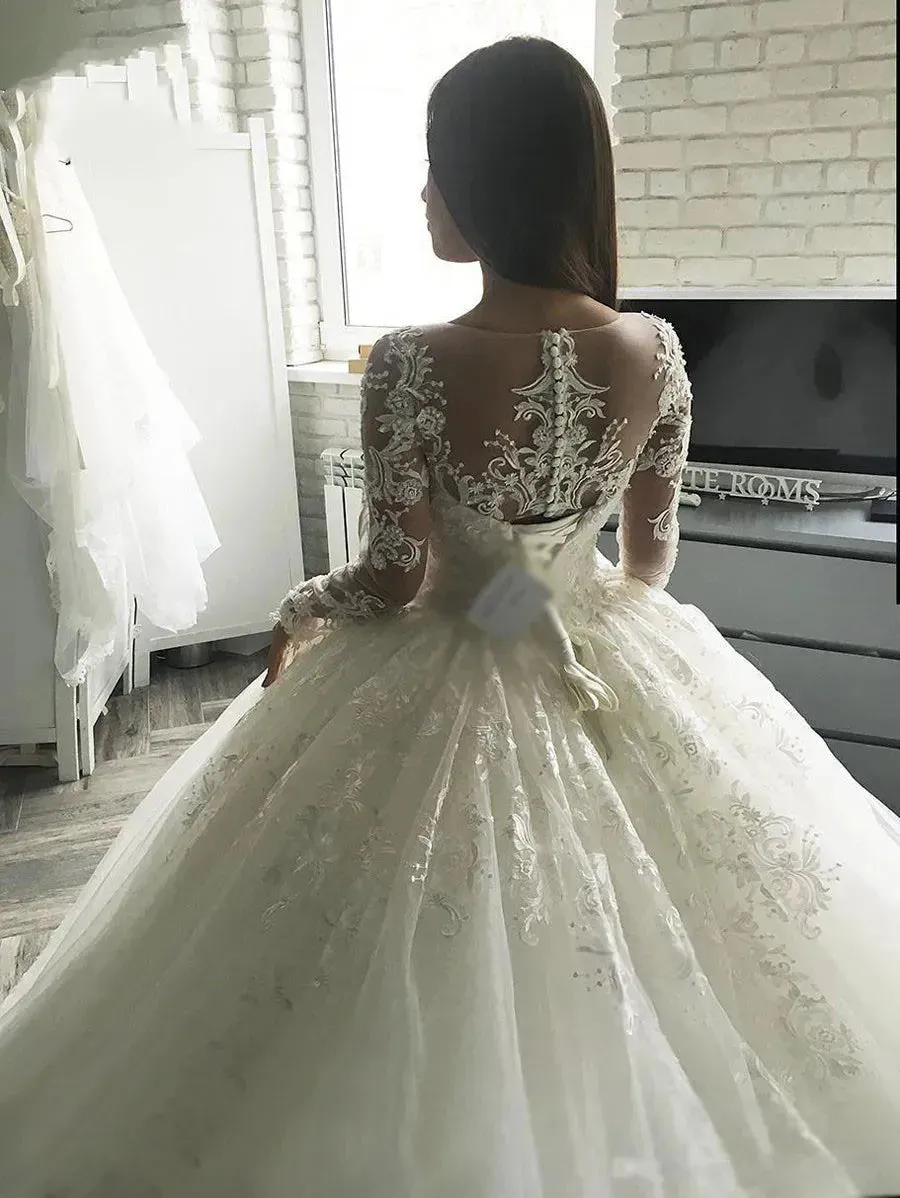Gorgesous Wedding Dresses Long Sleeves Ball Gown Lace Applique Luxury Bridal Women Vestido De Noiva Robe Mariee
