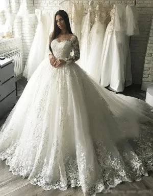 Gorgesous Wedding Dresses Long Sleeves Ball Gown Lace Applique Luxury Bridal Women Vestido De Noiva Robe Mariee