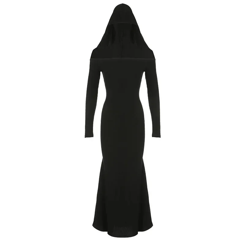 Gothic Hooded Knit Maxi Off Shoulder Ribbed Bodycon Long Sleeve Dark Style Dress