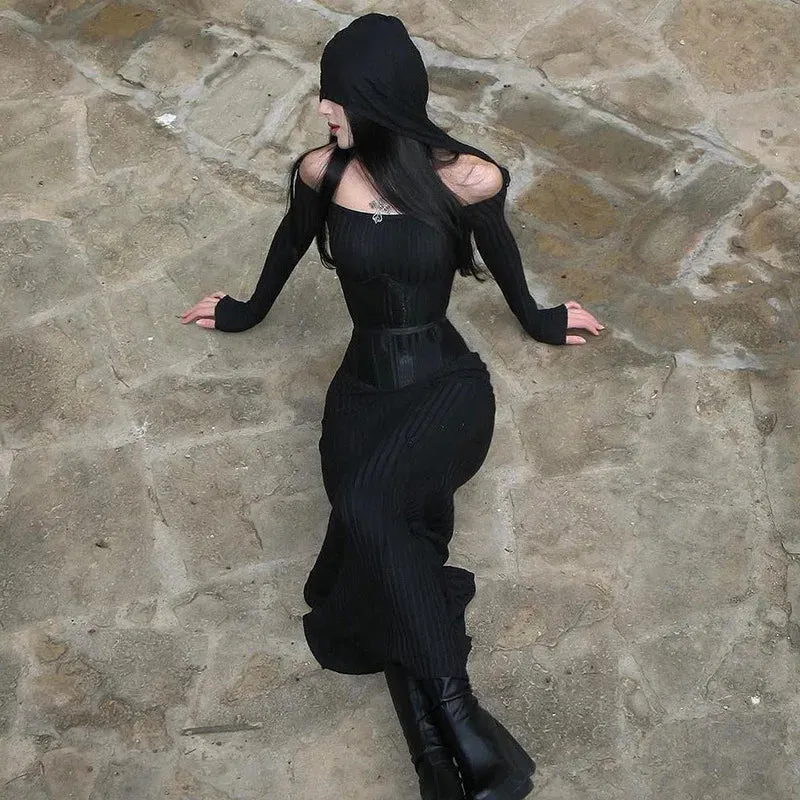 Gothic Hooded Knit Maxi Off Shoulder Ribbed Bodycon Long Sleeve Dark Style Dress