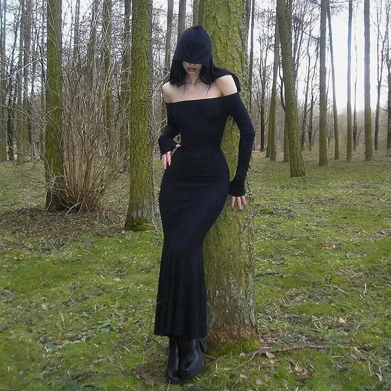 Gothic Hooded Knit Maxi Off Shoulder Ribbed Bodycon Long Sleeve Dark Style Dress
