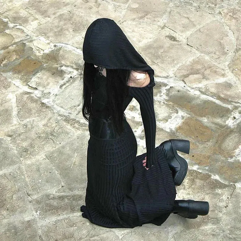 Gothic Hooded Knit Maxi Off Shoulder Ribbed Bodycon Long Sleeve Dark Style Dress
