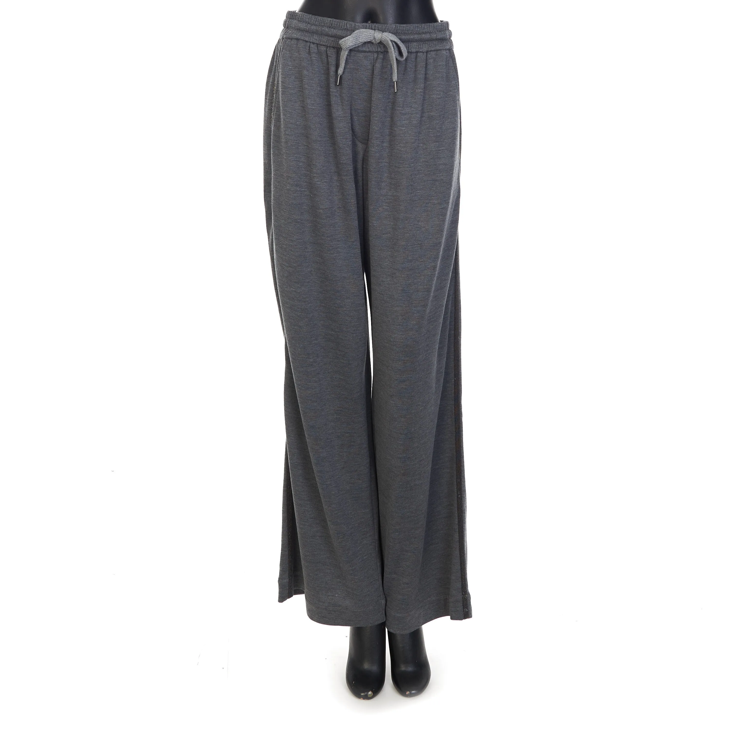 Gray Comfort Interlock Wide Trousers - Monili Stripe Embroidery, Cotton & Silk