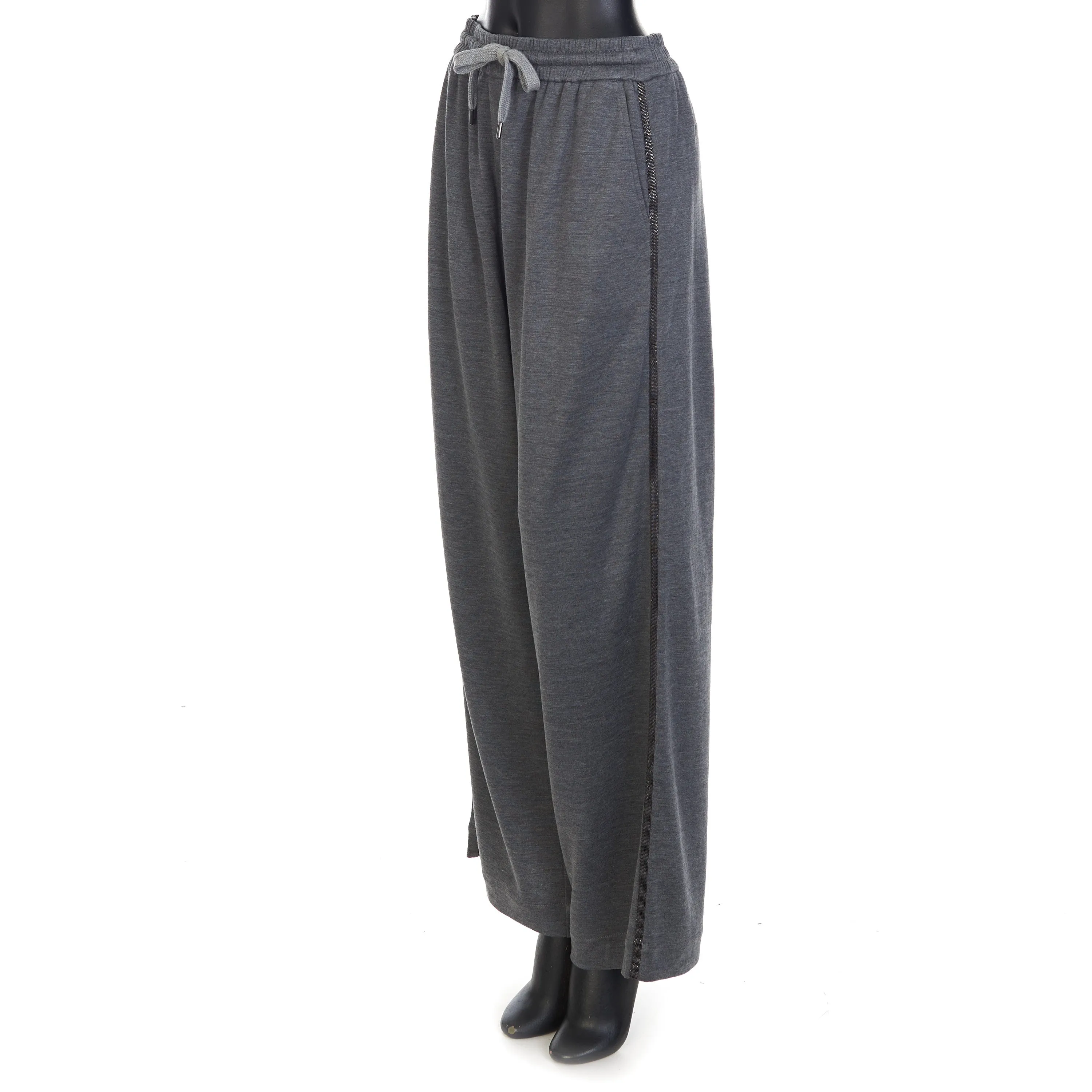 Gray Comfort Interlock Wide Trousers - Monili Stripe Embroidery, Cotton & Silk