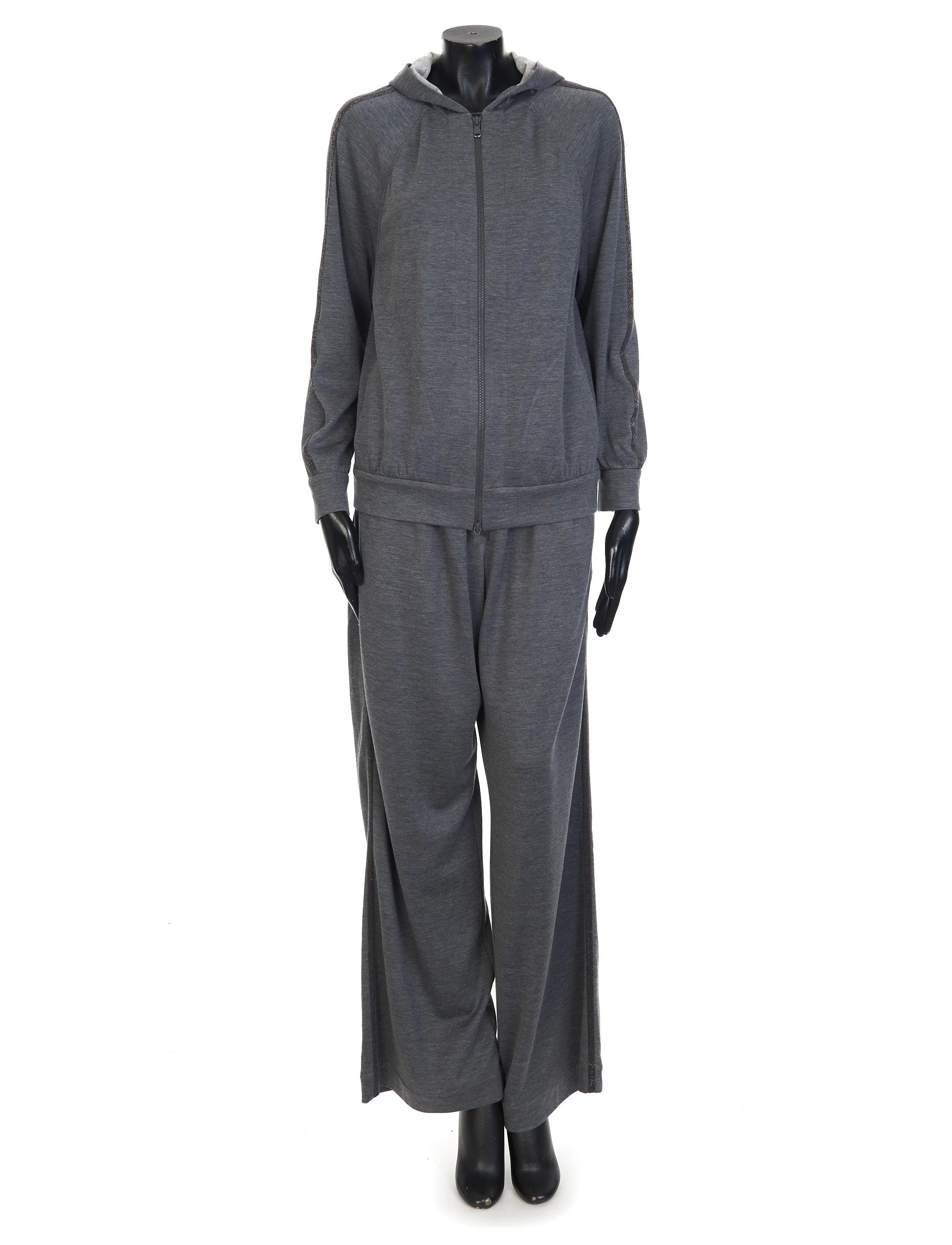 Gray Comfort Interlock Wide Trousers - Monili Stripe Embroidery, Cotton & Silk