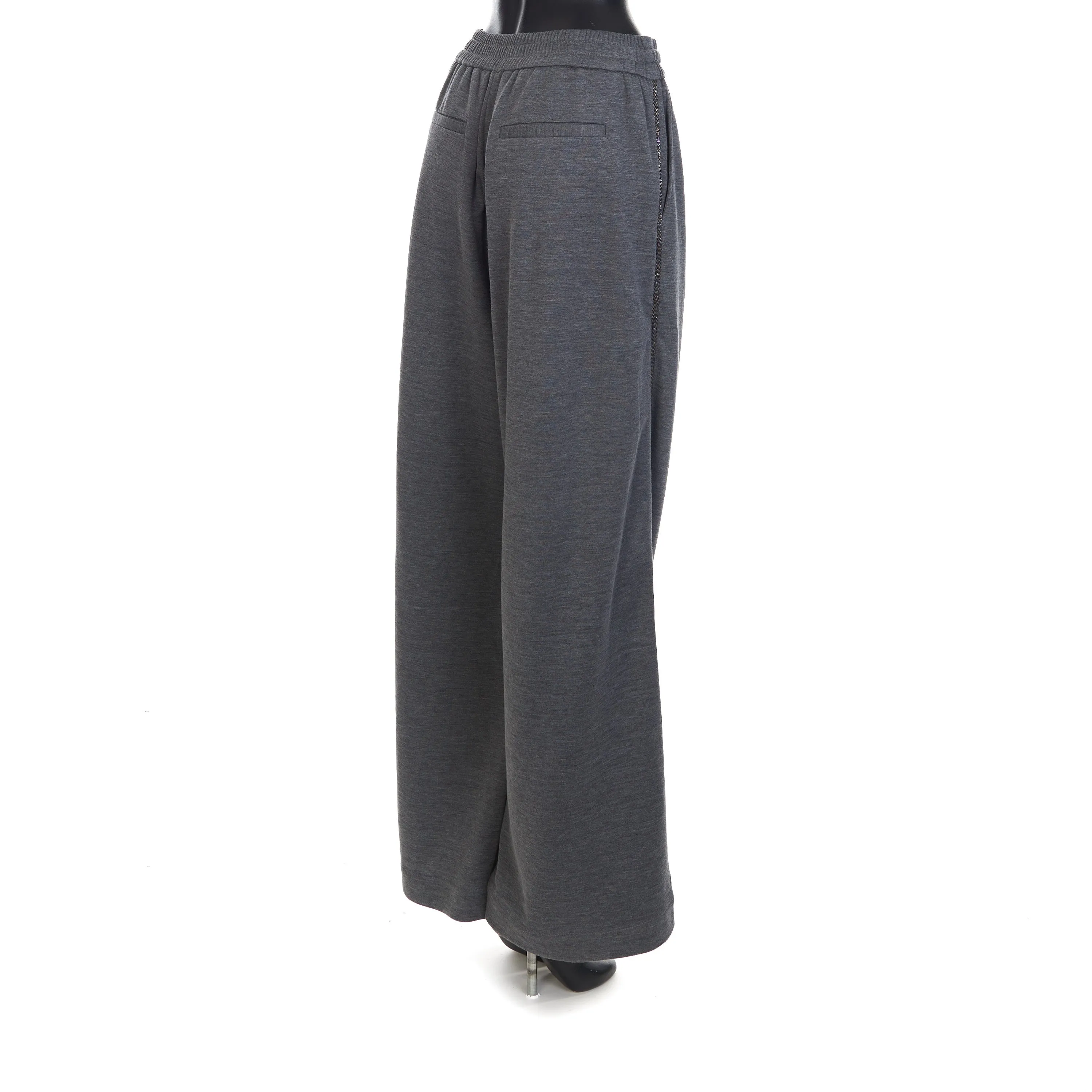 Gray Comfort Interlock Wide Trousers - Monili Stripe Embroidery, Cotton & Silk