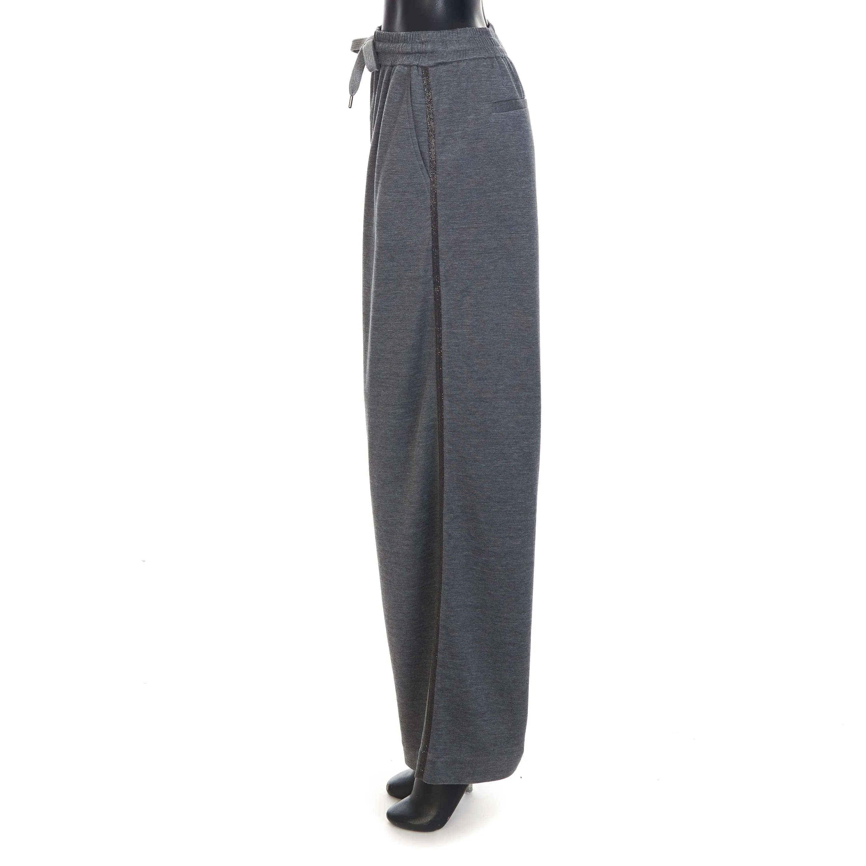 Gray Comfort Interlock Wide Trousers - Monili Stripe Embroidery, Cotton & Silk
