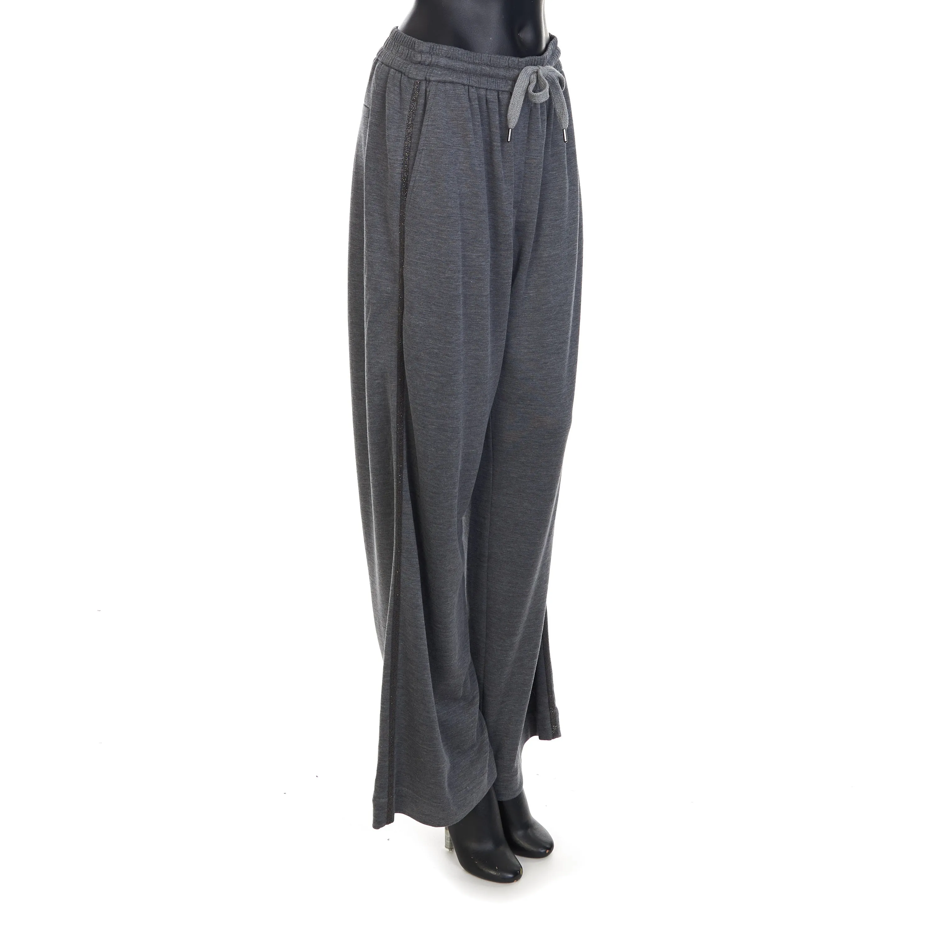 Gray Comfort Interlock Wide Trousers - Monili Stripe Embroidery, Cotton & Silk