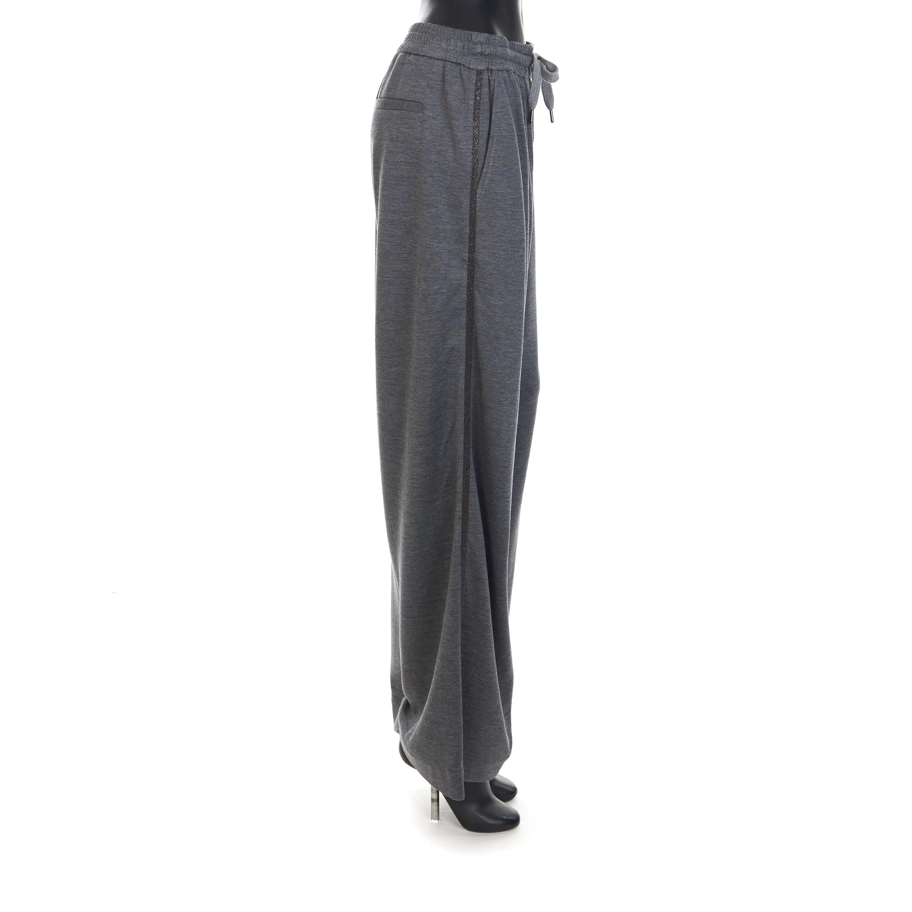 Gray Comfort Interlock Wide Trousers - Monili Stripe Embroidery, Cotton & Silk