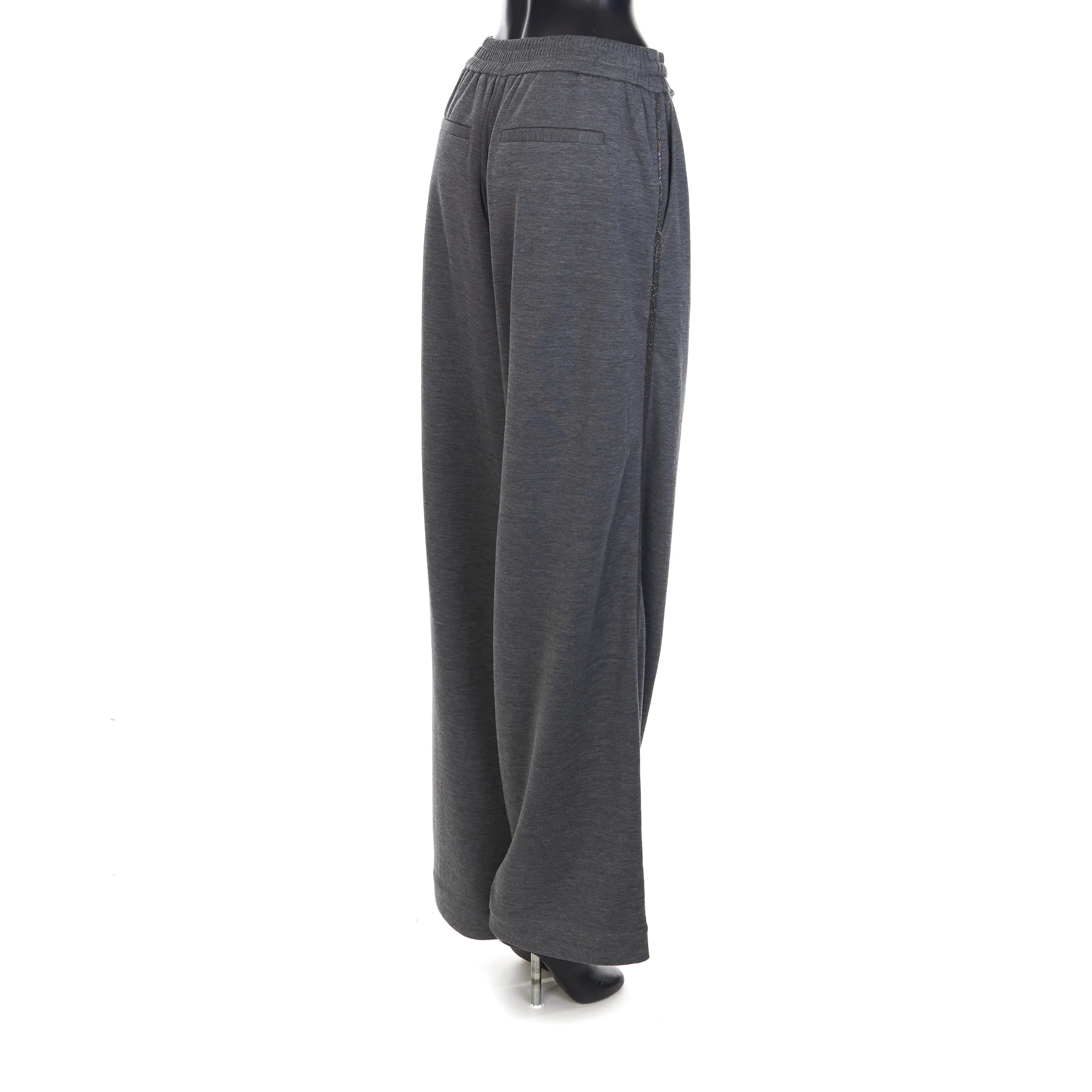 Gray Comfort Interlock Wide Trousers - Monili Stripe Embroidery, Cotton & Silk