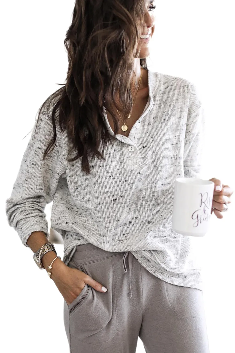 Gray Heather Knit Raw Hem Trim Henley Top