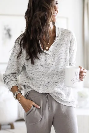 Gray Heather Knit Raw Hem Trim Henley Top