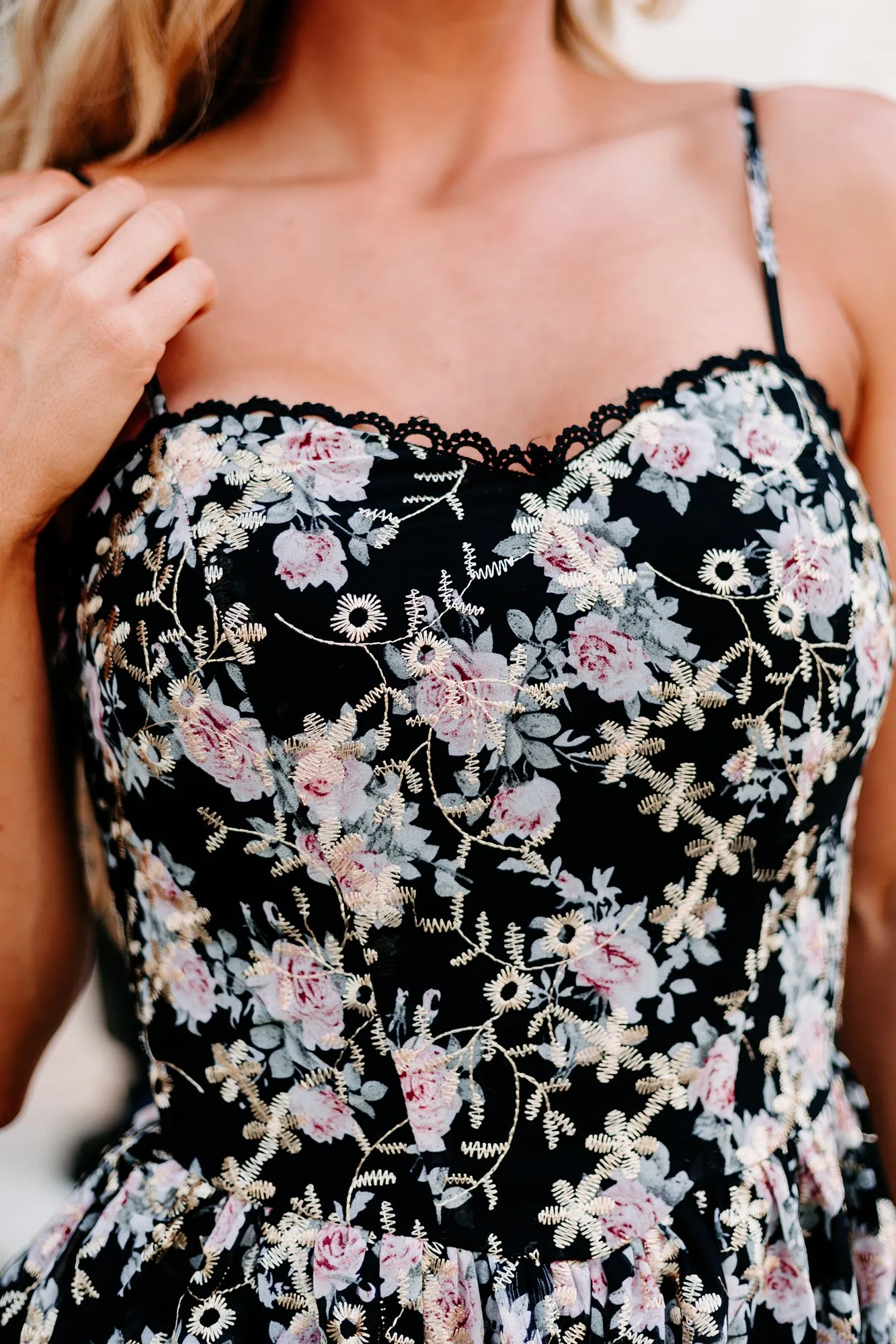 Great Glambition Floral Embroidered Peplum Tank Top (Black Multi)