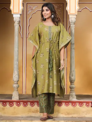 Green Chanderi Printed Kaftan With Pants