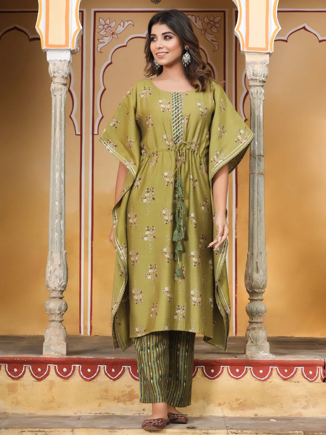 Green Chanderi Printed Kaftan With Pants