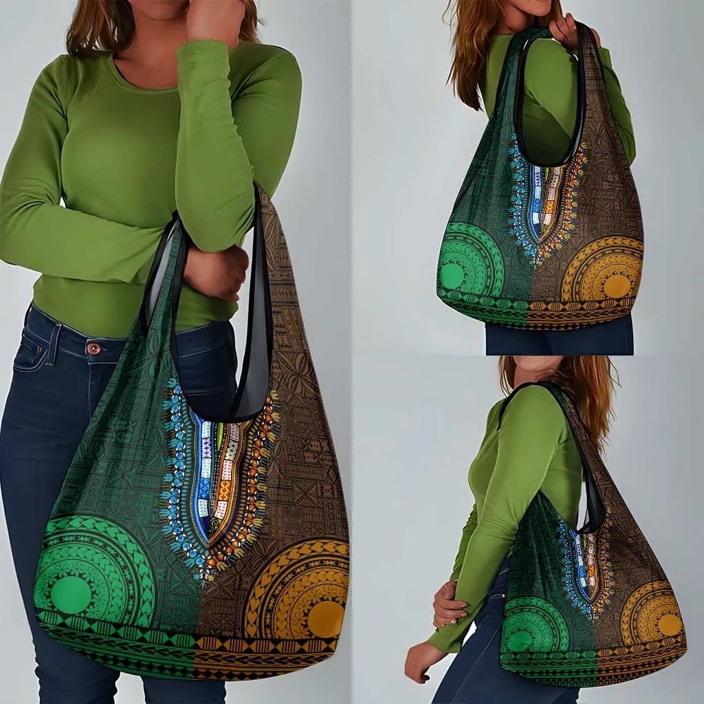 Green-gold Dashiki and Tapa Pattern Grocery Bag Africa-Polynesia Together Culture LT9