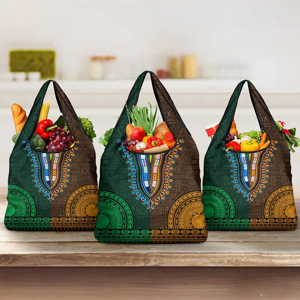 Green-gold Dashiki and Tapa Pattern Grocery Bag Africa-Polynesia Together Culture LT9