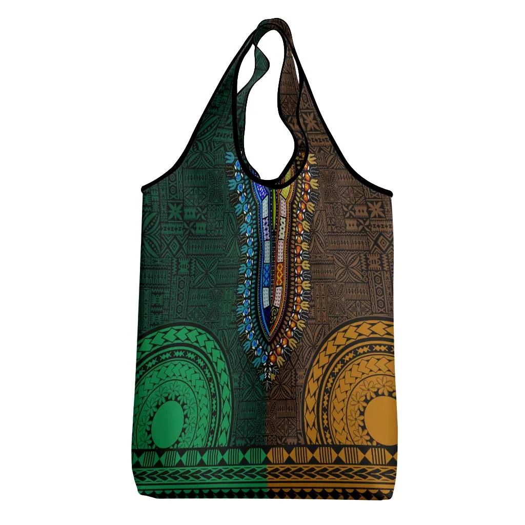 Green-gold Dashiki and Tapa Pattern Grocery Bag Africa-Polynesia Together Culture LT9