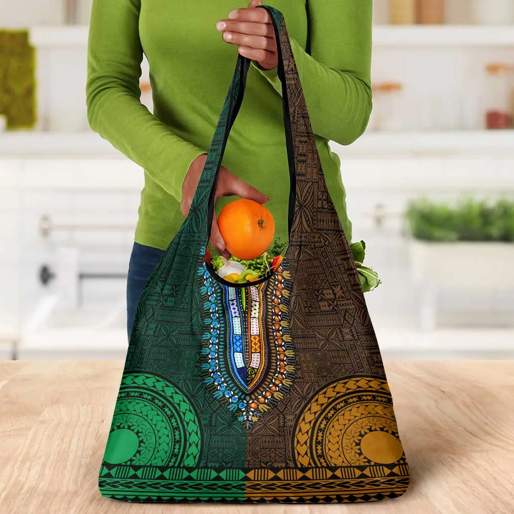 Green-gold Dashiki and Tapa Pattern Grocery Bag Africa-Polynesia Together Culture LT9