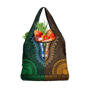 Green-gold Dashiki and Tapa Pattern Grocery Bag Africa-Polynesia Together Culture LT9