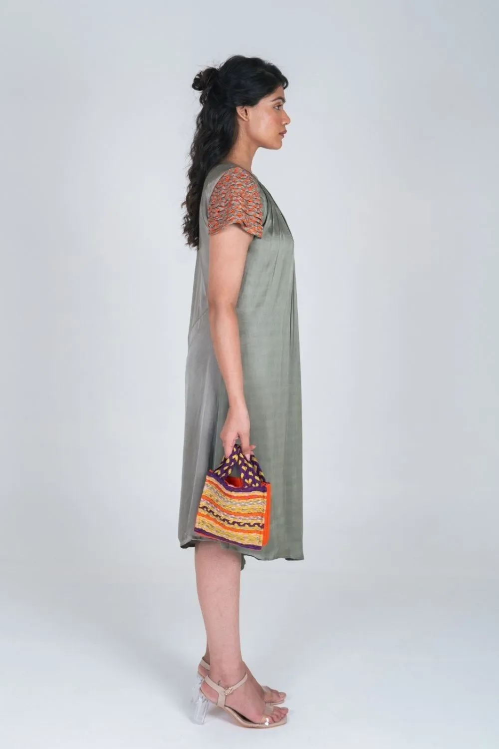 Green-Orange Braided Sleeve Midi Dress