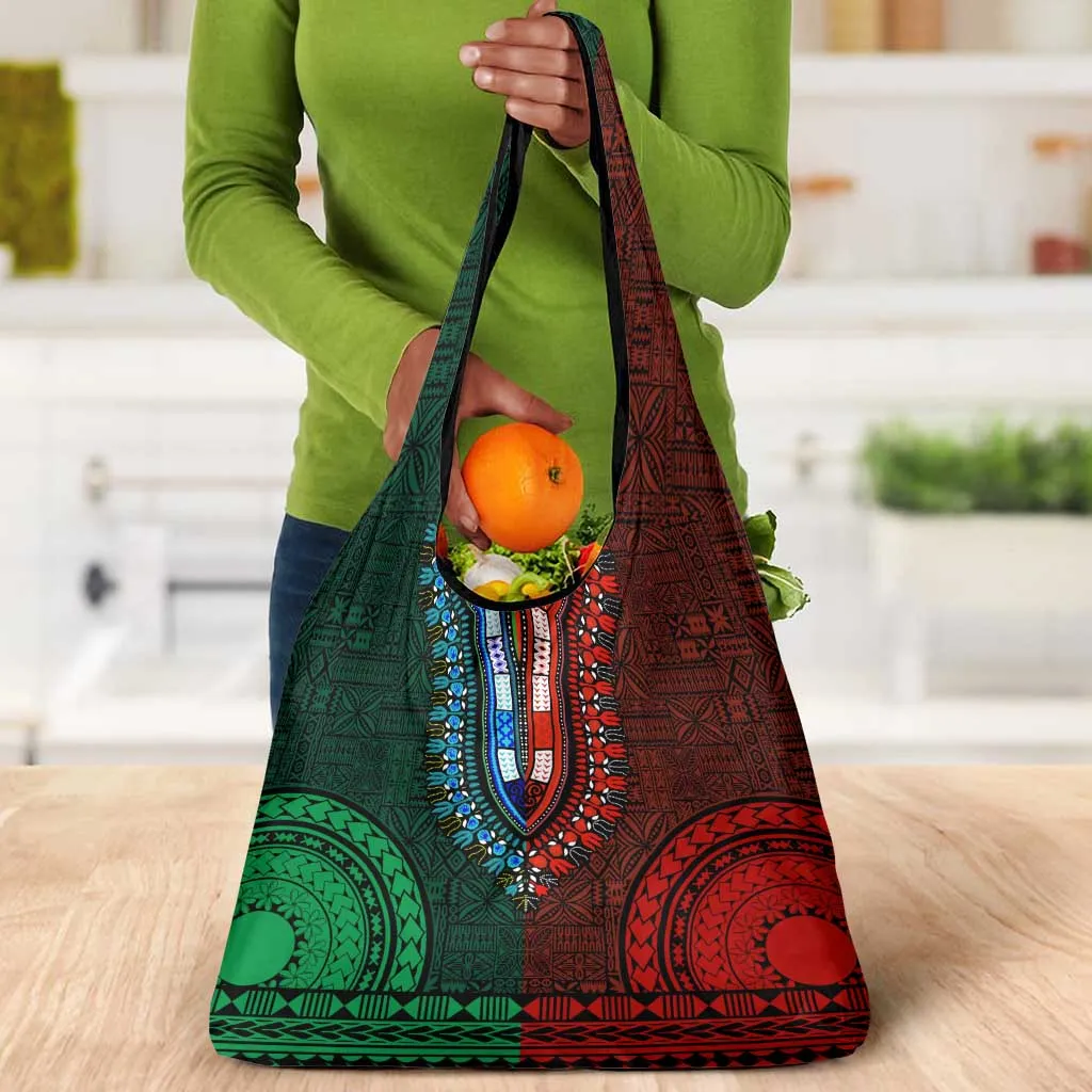Green-red Dashiki and Tapa Pattern Grocery Bag Africa-Polynesia Together Culture LT9