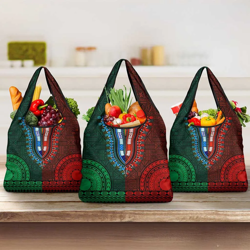 Green-red Dashiki and Tapa Pattern Grocery Bag Africa-Polynesia Together Culture LT9