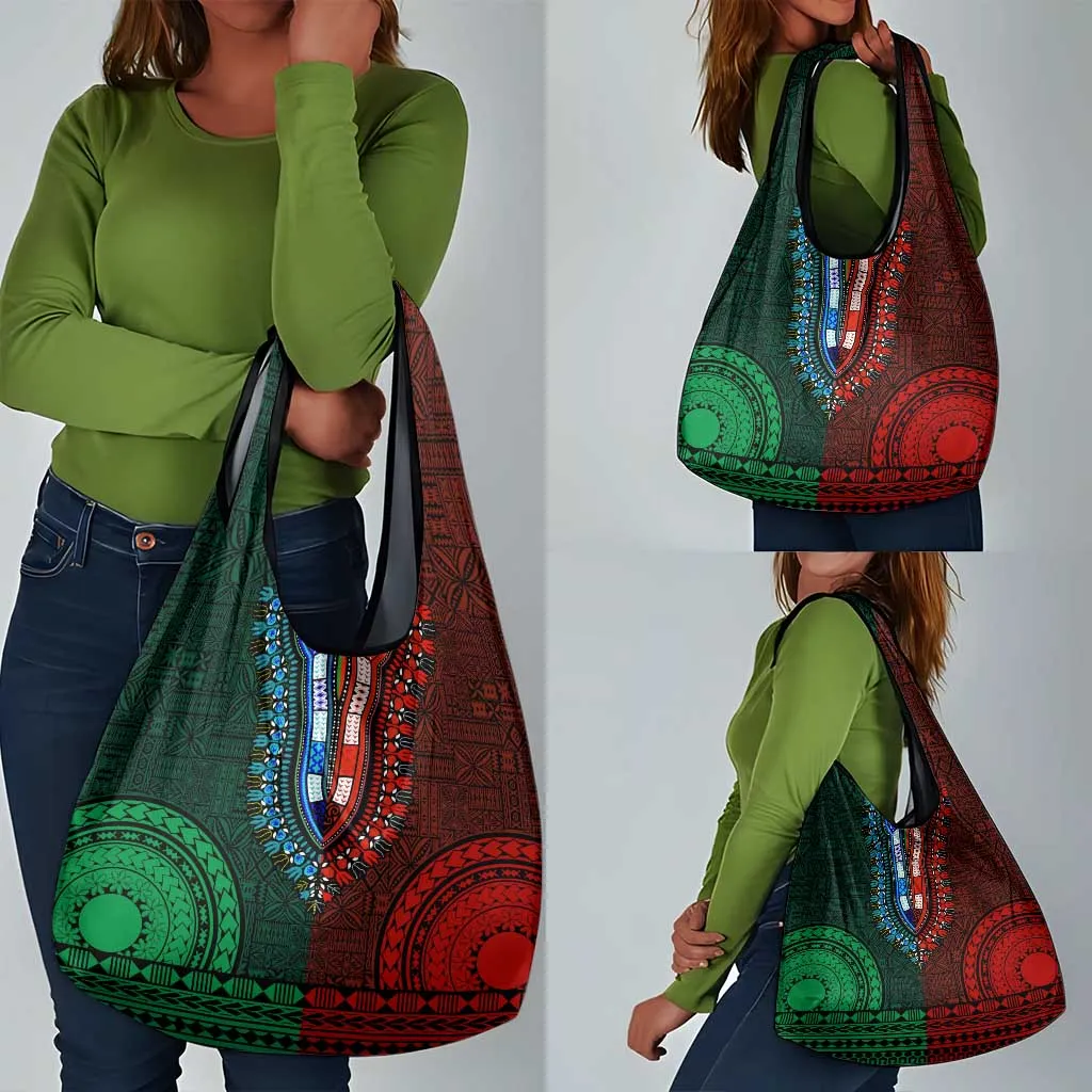 Green-red Dashiki and Tapa Pattern Grocery Bag Africa-Polynesia Together Culture LT9