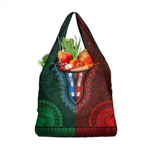 Green-red Dashiki and Tapa Pattern Grocery Bag Africa-Polynesia Together Culture LT9