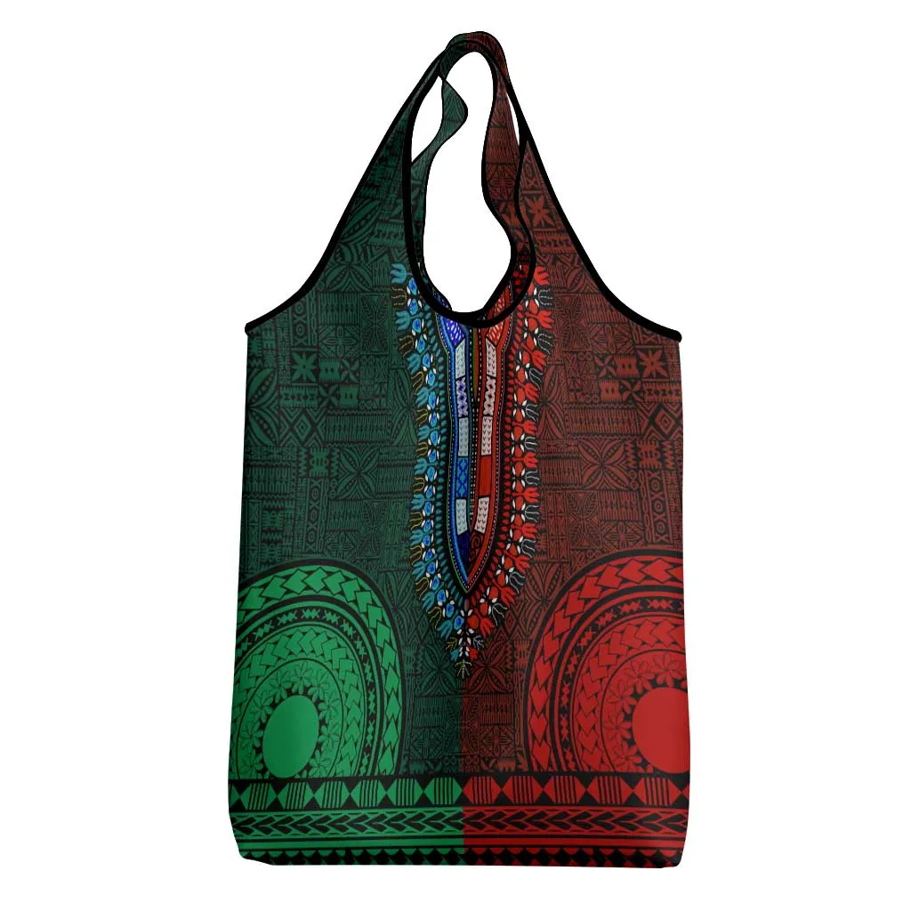 Green-red Dashiki and Tapa Pattern Grocery Bag Africa-Polynesia Together Culture LT9