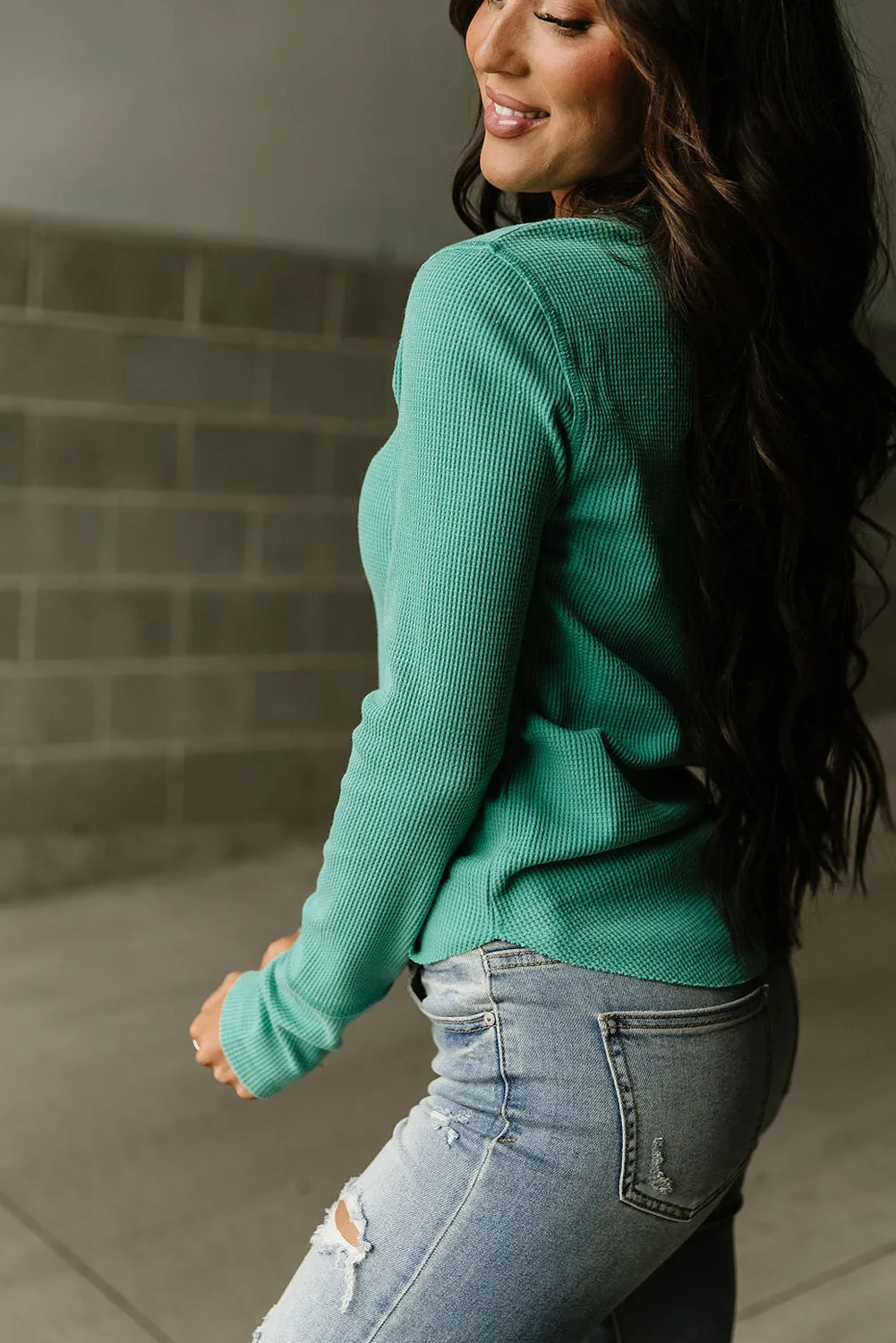 Green Trimmed Henley Neckline Waffle Knit Long Sleeve Top