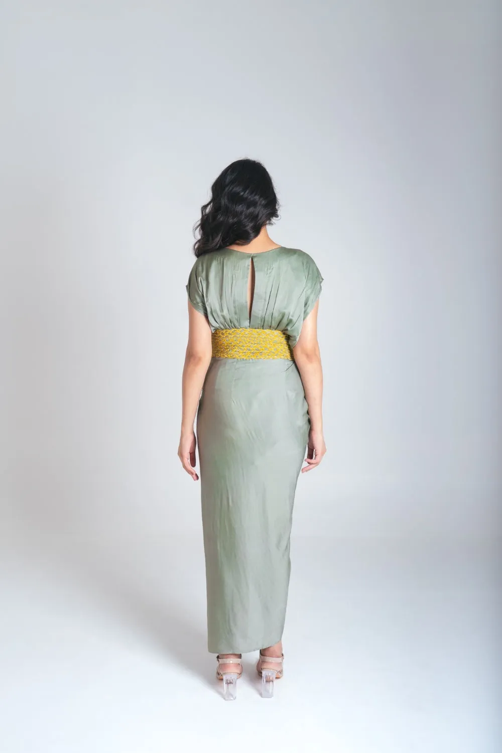 Green-Yellow Braided Cocktail Gown