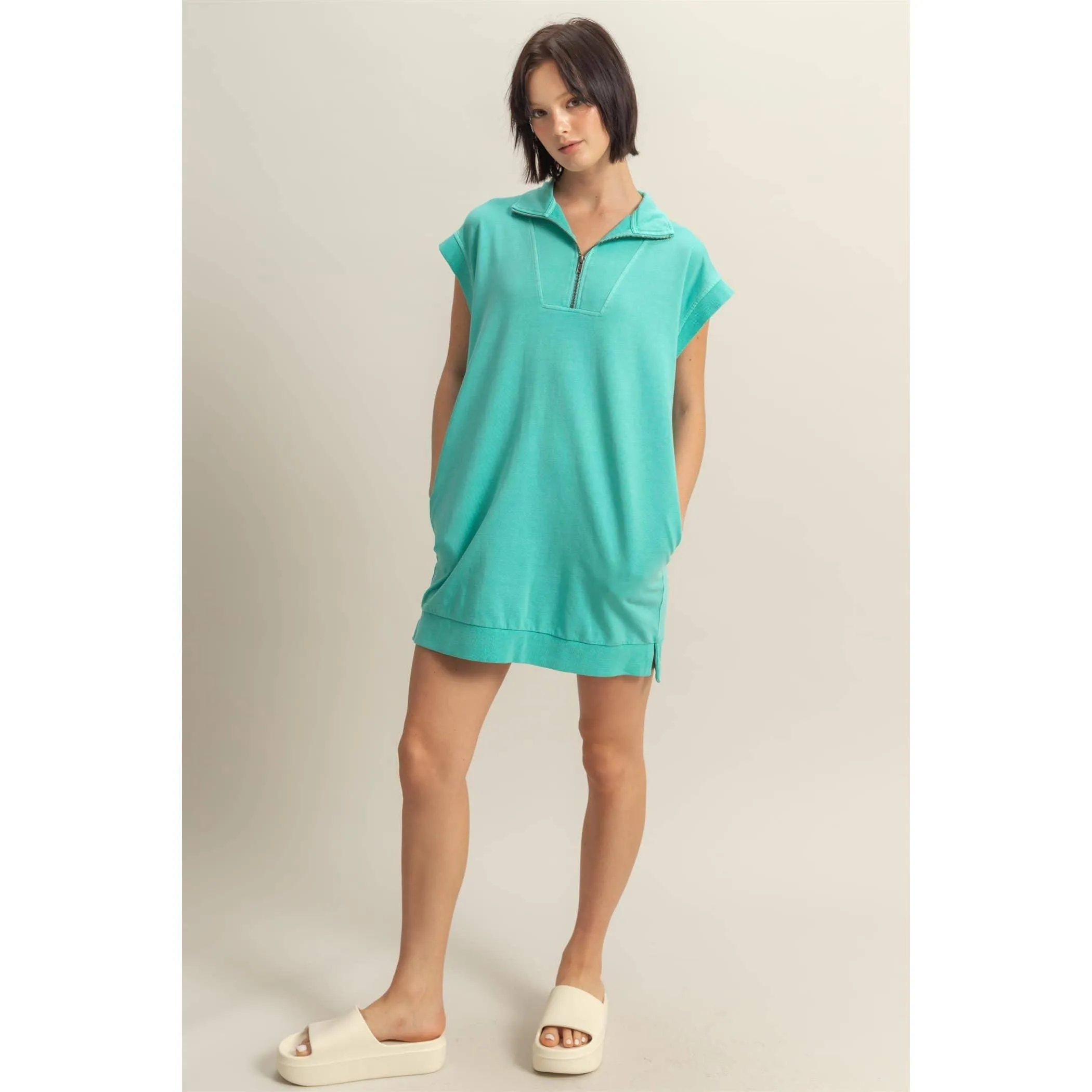 Half Zip Up Mock Neck Mini Dress Turquoise