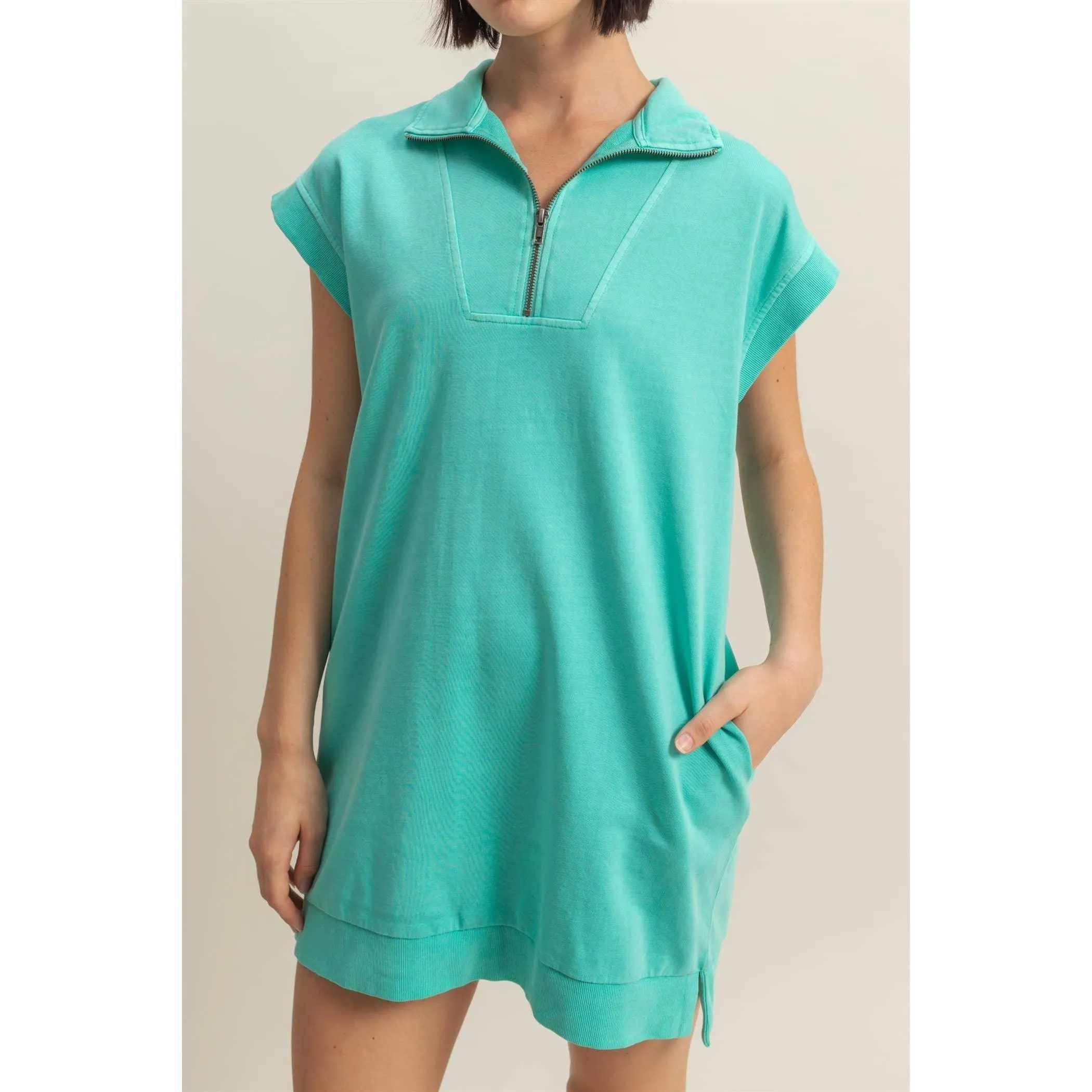 Half Zip Up Mock Neck Mini Dress Turquoise