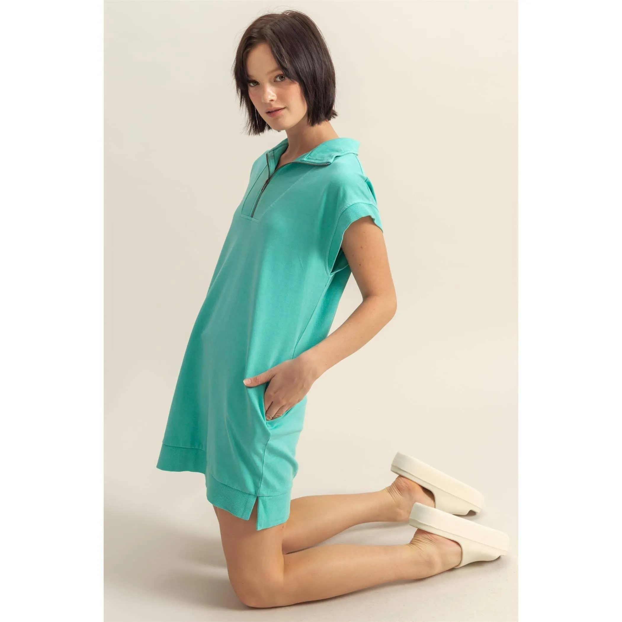 Half Zip Up Mock Neck Mini Dress Turquoise