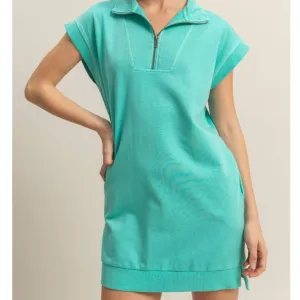 Half Zip Up Mock Neck Mini Dress Turquoise