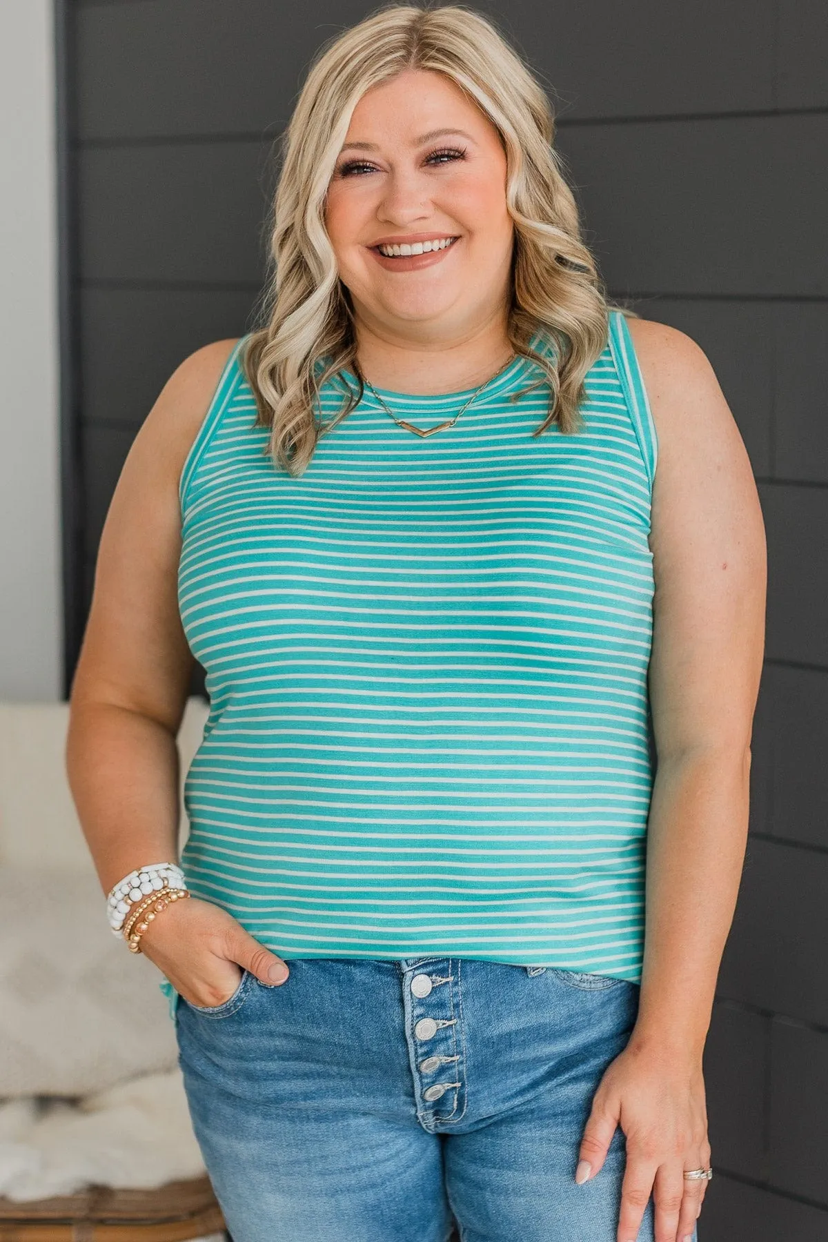 Happiness Achieved Striped Tank Top- Mint Blue