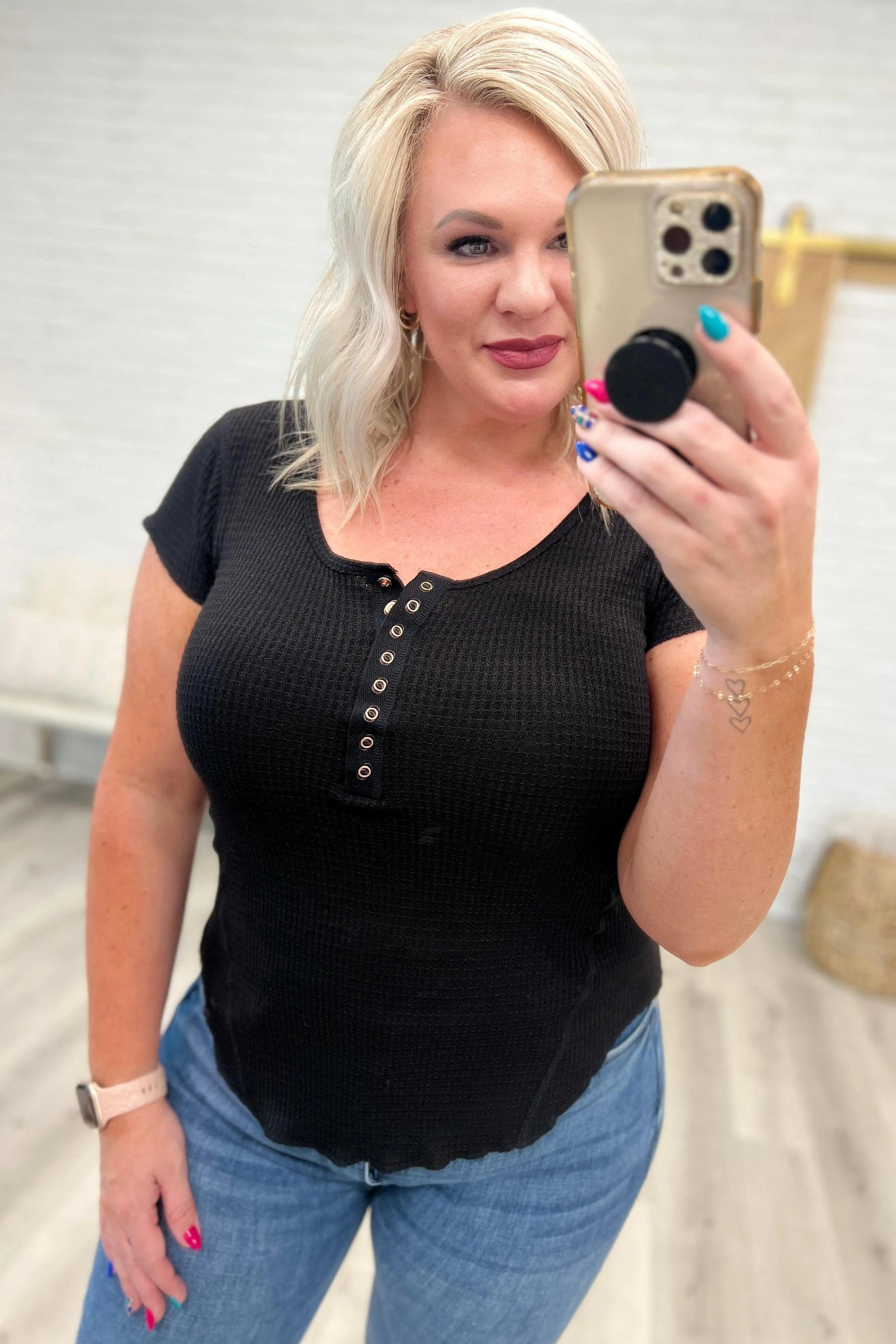 Hazel Blues® |  Baby Waffle Cap Sleeve Henley in Black