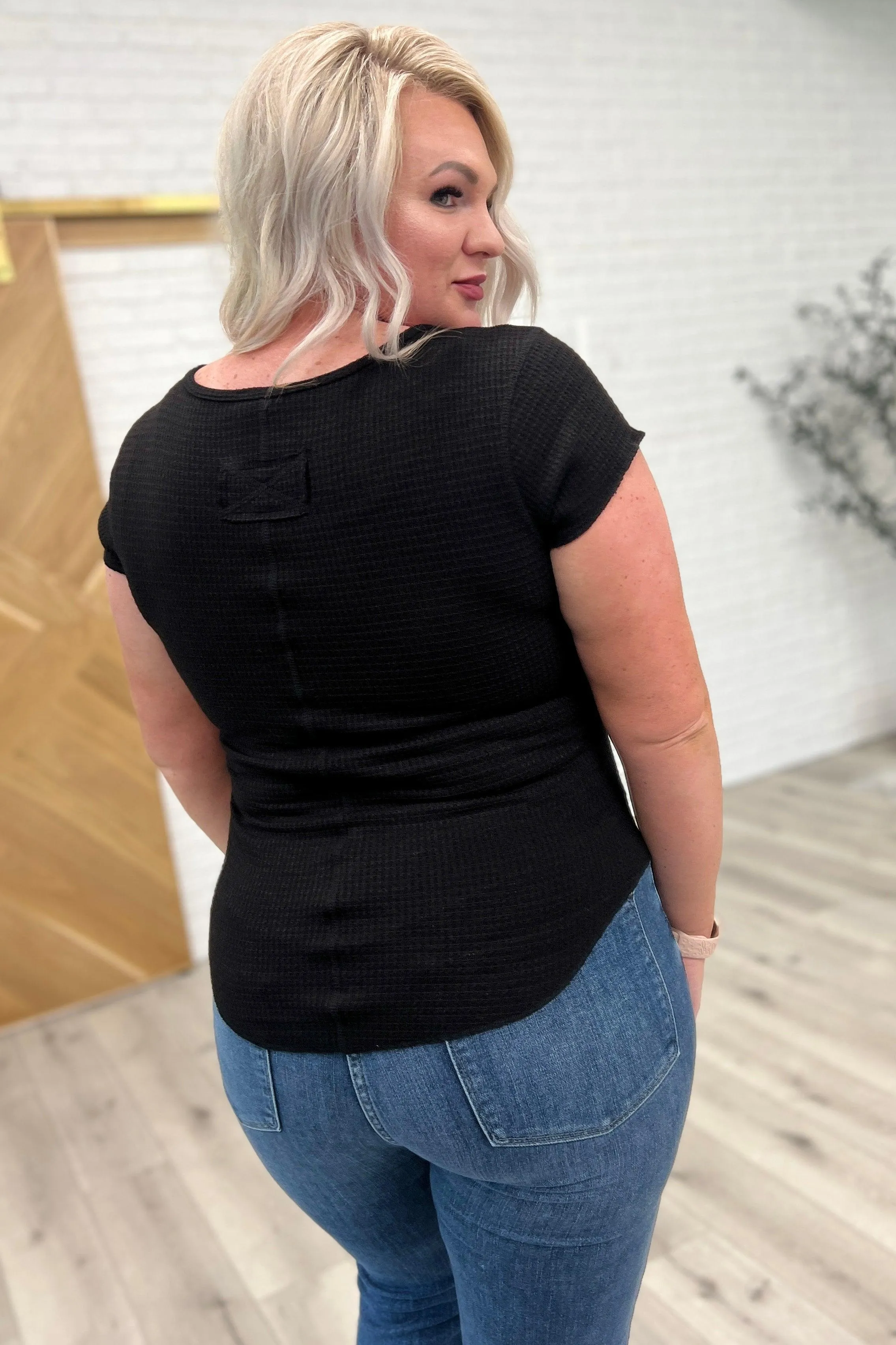 Hazel Blues® |  Baby Waffle Cap Sleeve Henley in Black