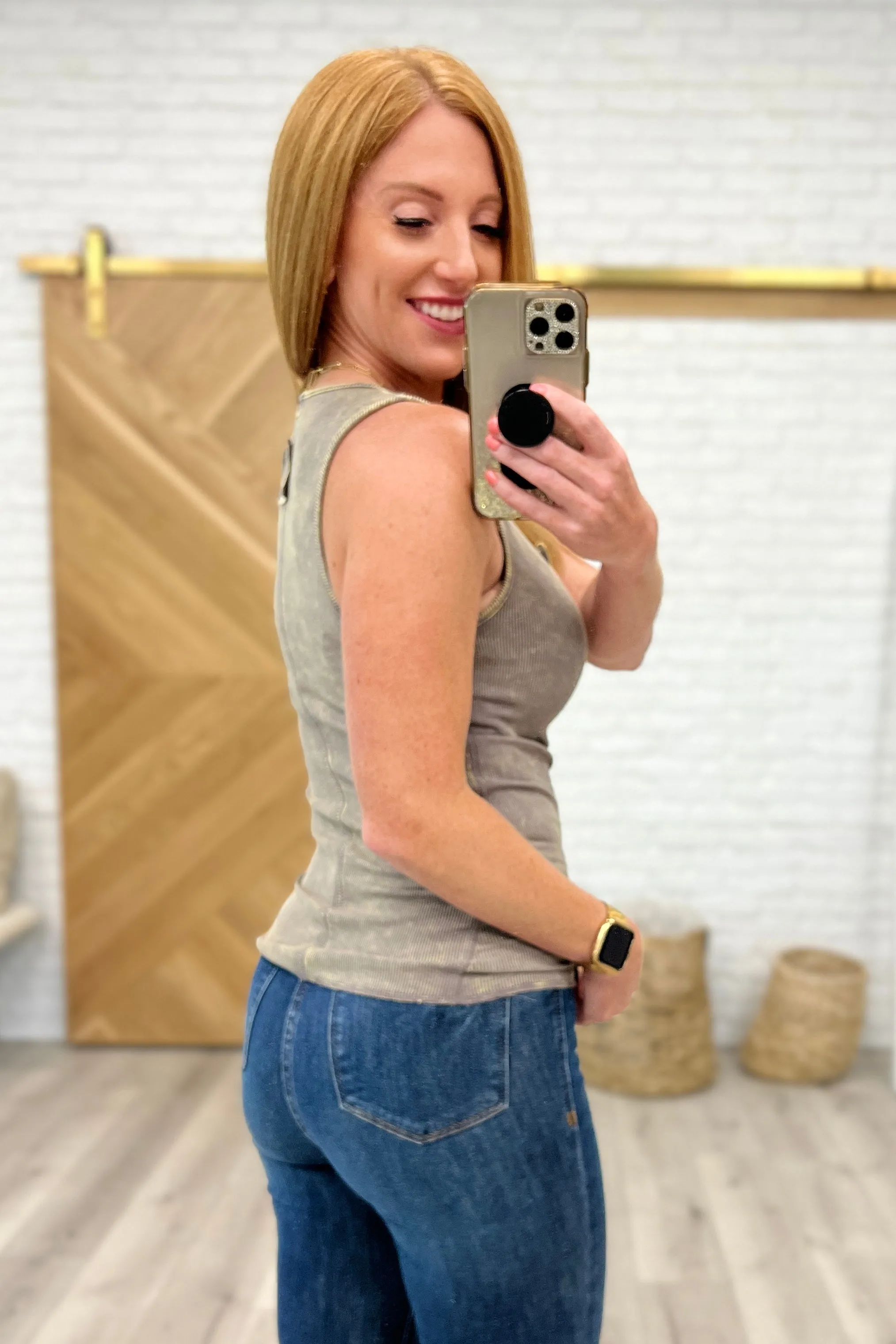 Hazel Blues® |  Mineral Washed Ribbed Henley Tank in Mocha Grey