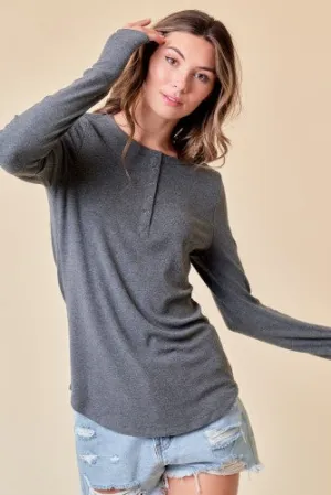 Heather Grey Brush Ribbed L/S Henley with Buttons