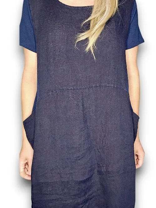 HELGA MAY Italian Linen Classic Shift Plain Dress ~ Navy (Small-XL)