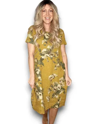 HELGA MAY Italian Linen Classic Shift 'Trumpet' Dress ~ Mustard (Small-XL)