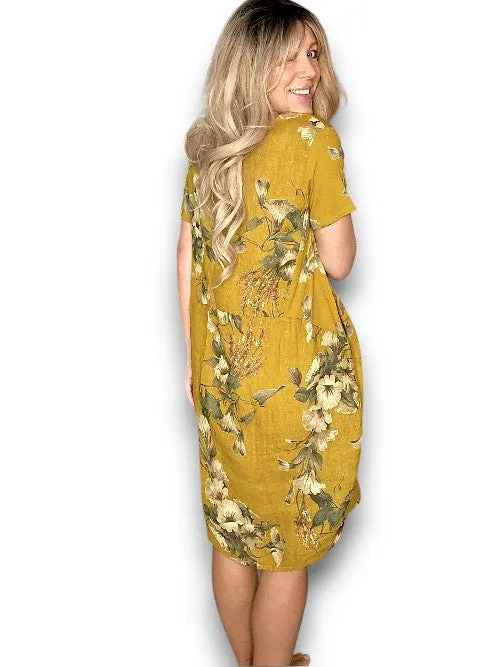HELGA MAY Italian Linen Classic Shift 'Trumpet' Dress ~ Mustard (Small-XL)