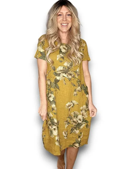 HELGA MAY Italian Linen Classic Shift 'Trumpet' Dress ~ Mustard (Small-XL)