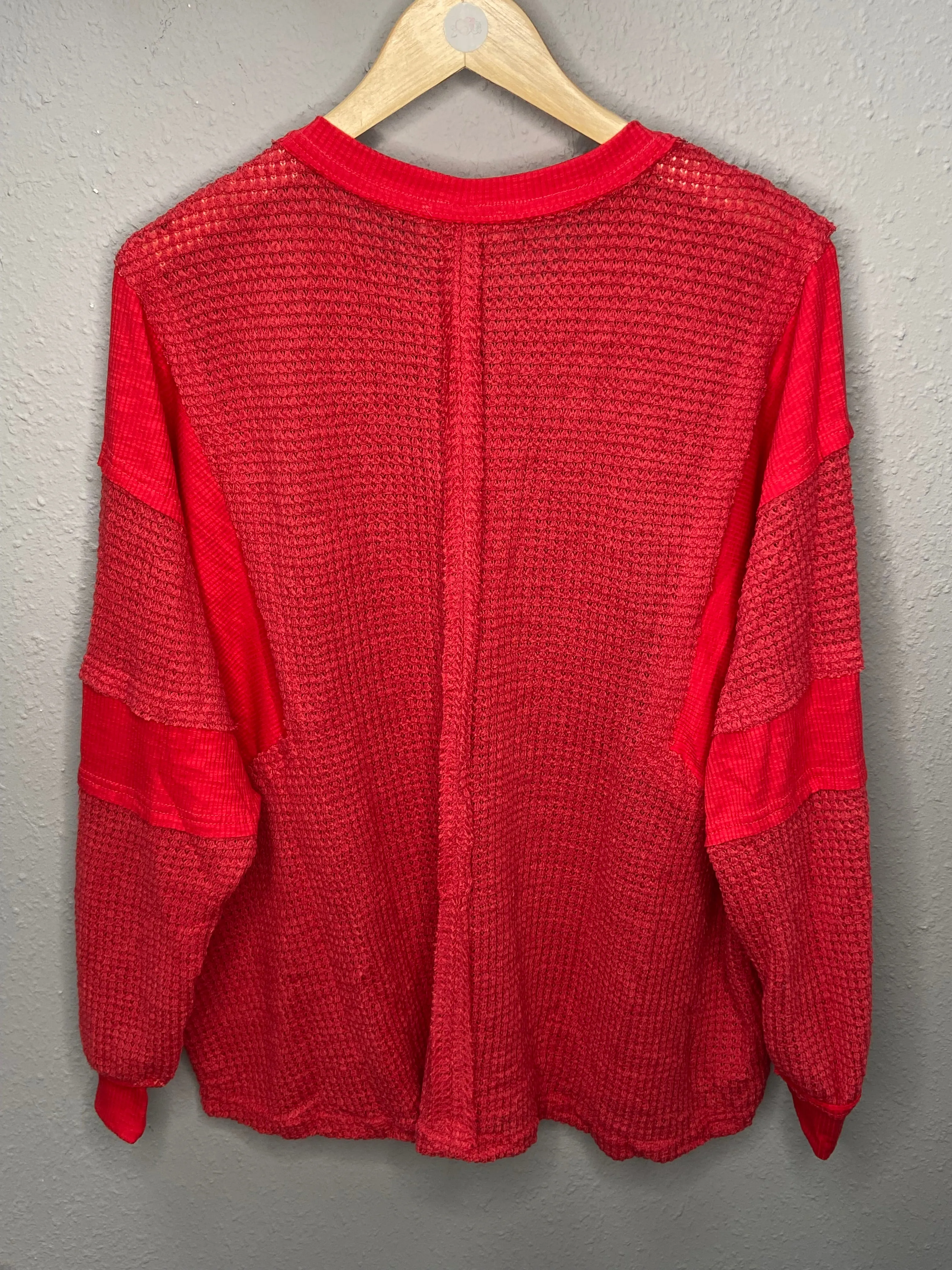 Henley Waffle Knit with Contrast Detail Long Sleeve, Buttons in Red
